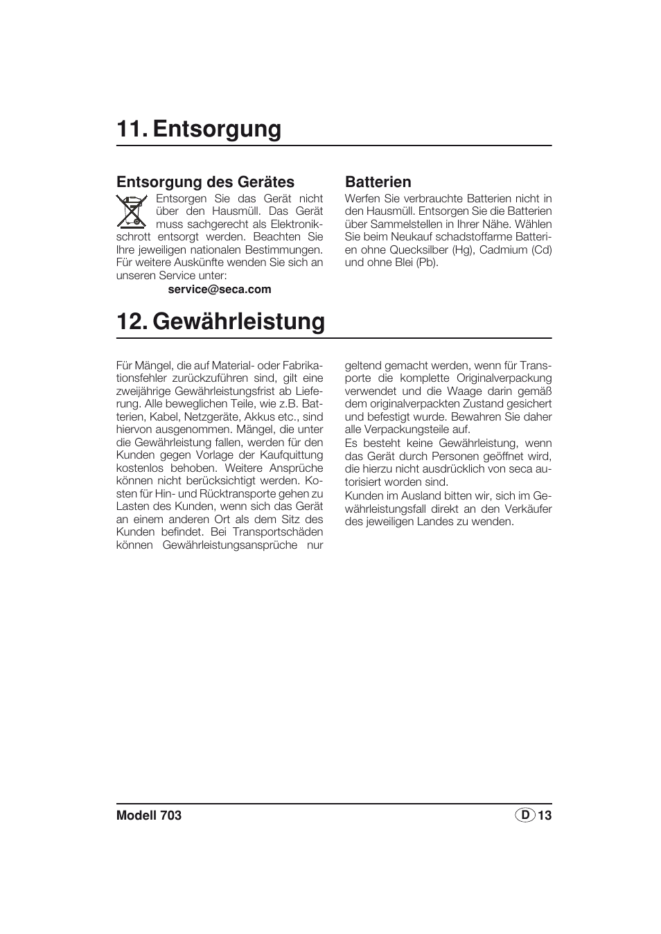 Entsorgung, Batterien, Gewährleistung | Entsorgung des gerätes | Seca 703 User Manual | Page 13 / 77