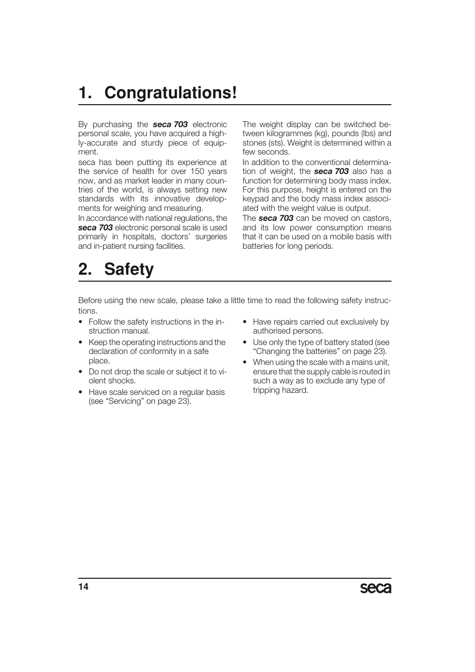English, Congratulations, Safety | Seca 703 User Manual | Page 14 / 77