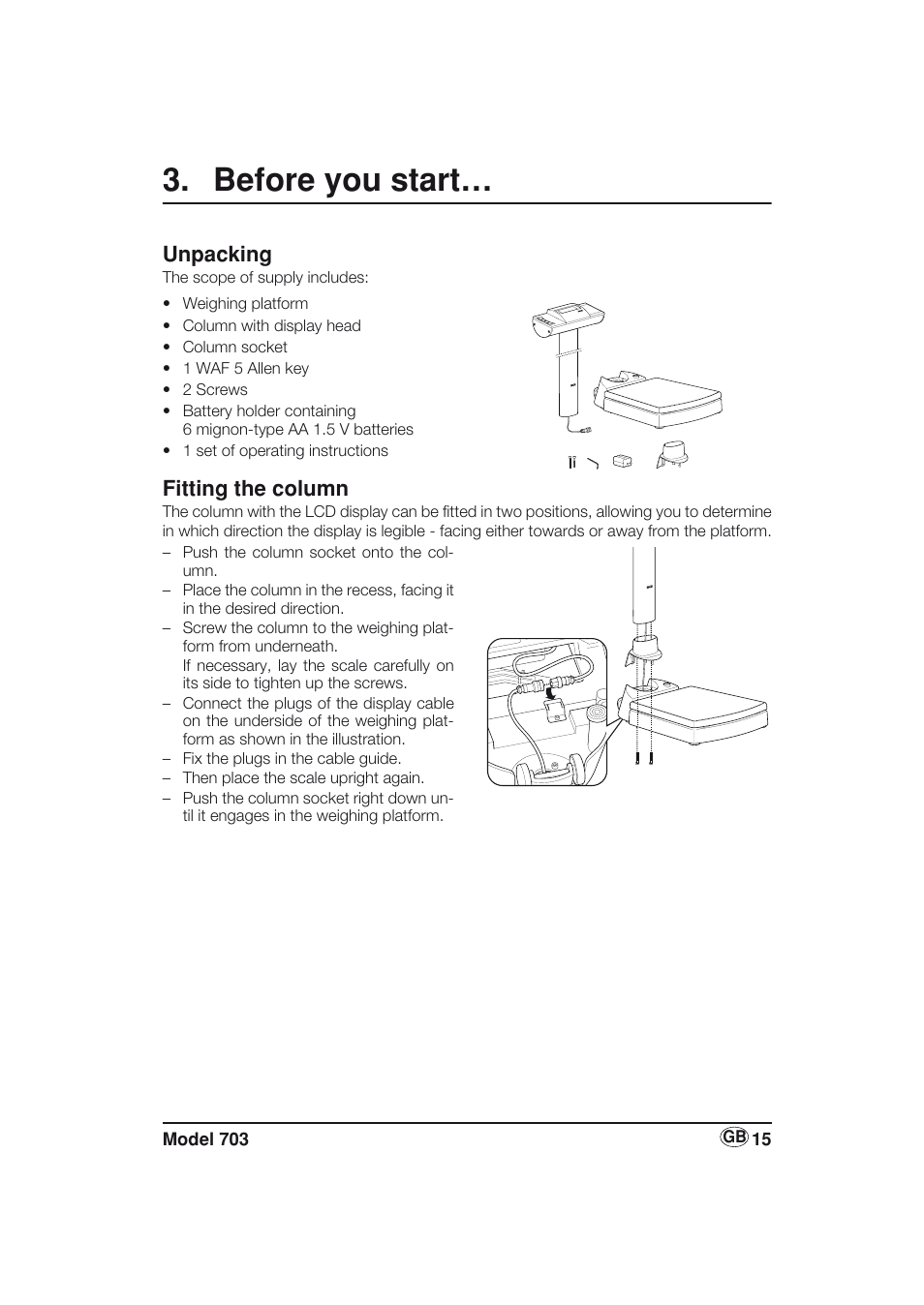 Before you start, Unpacking, Fitting the column | Seca 703 User Manual | Page 15 / 77