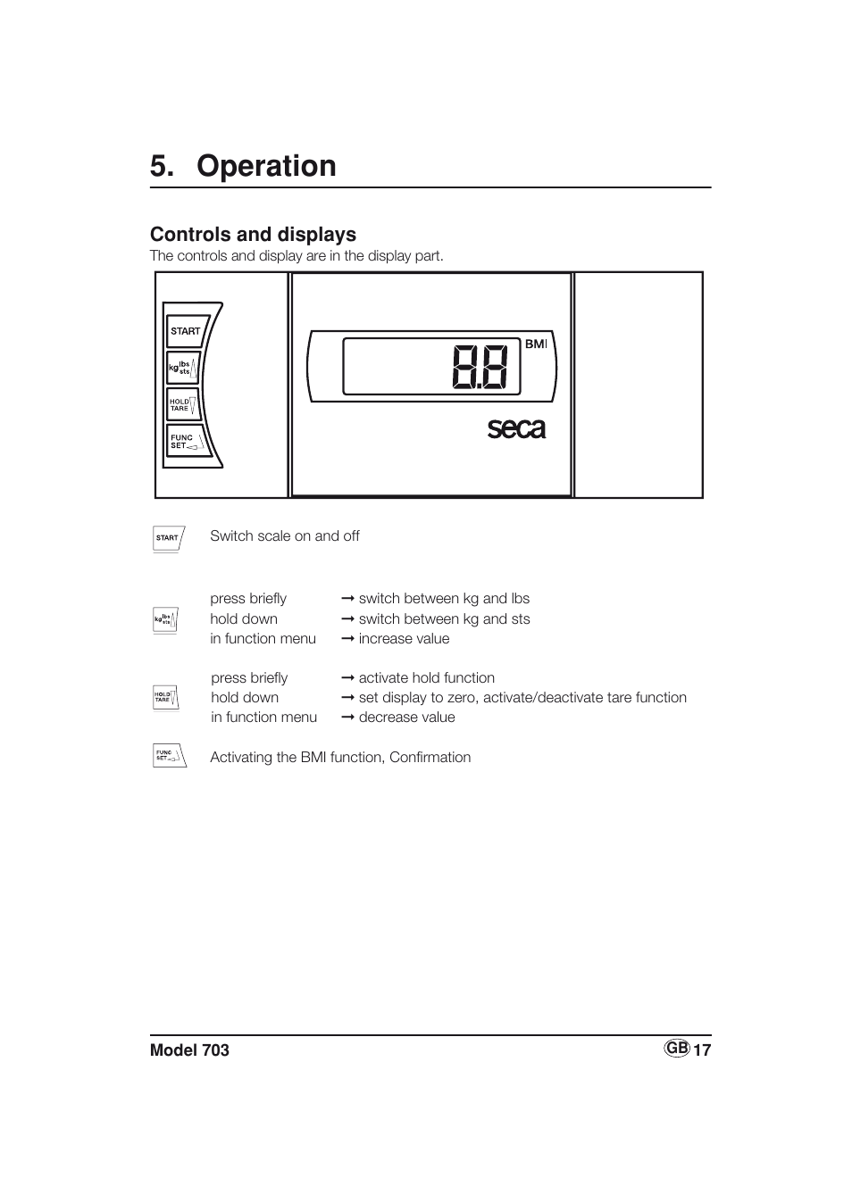 Operation, Controls and displays | Seca 703 User Manual | Page 17 / 77