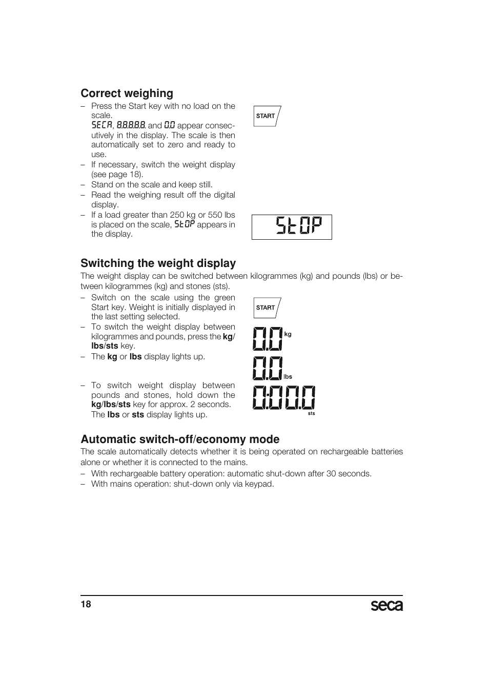 Correct weighing, Switching the weight display, Automatic switch-off/economy mode | Seca 703 User Manual | Page 18 / 77