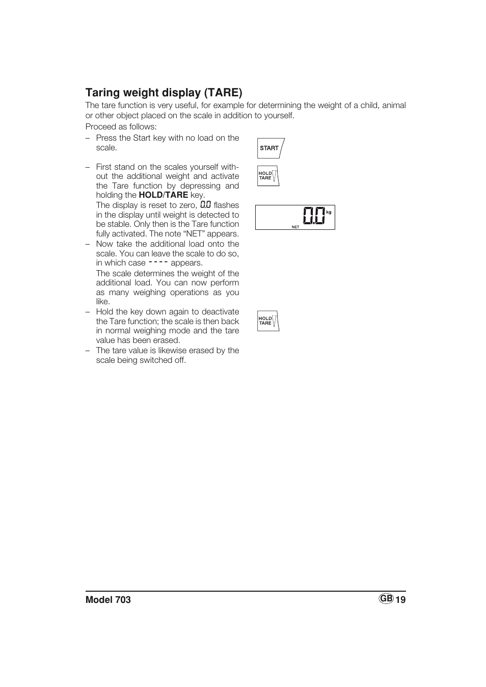 Taring weight display (tare) | Seca 703 User Manual | Page 19 / 77
