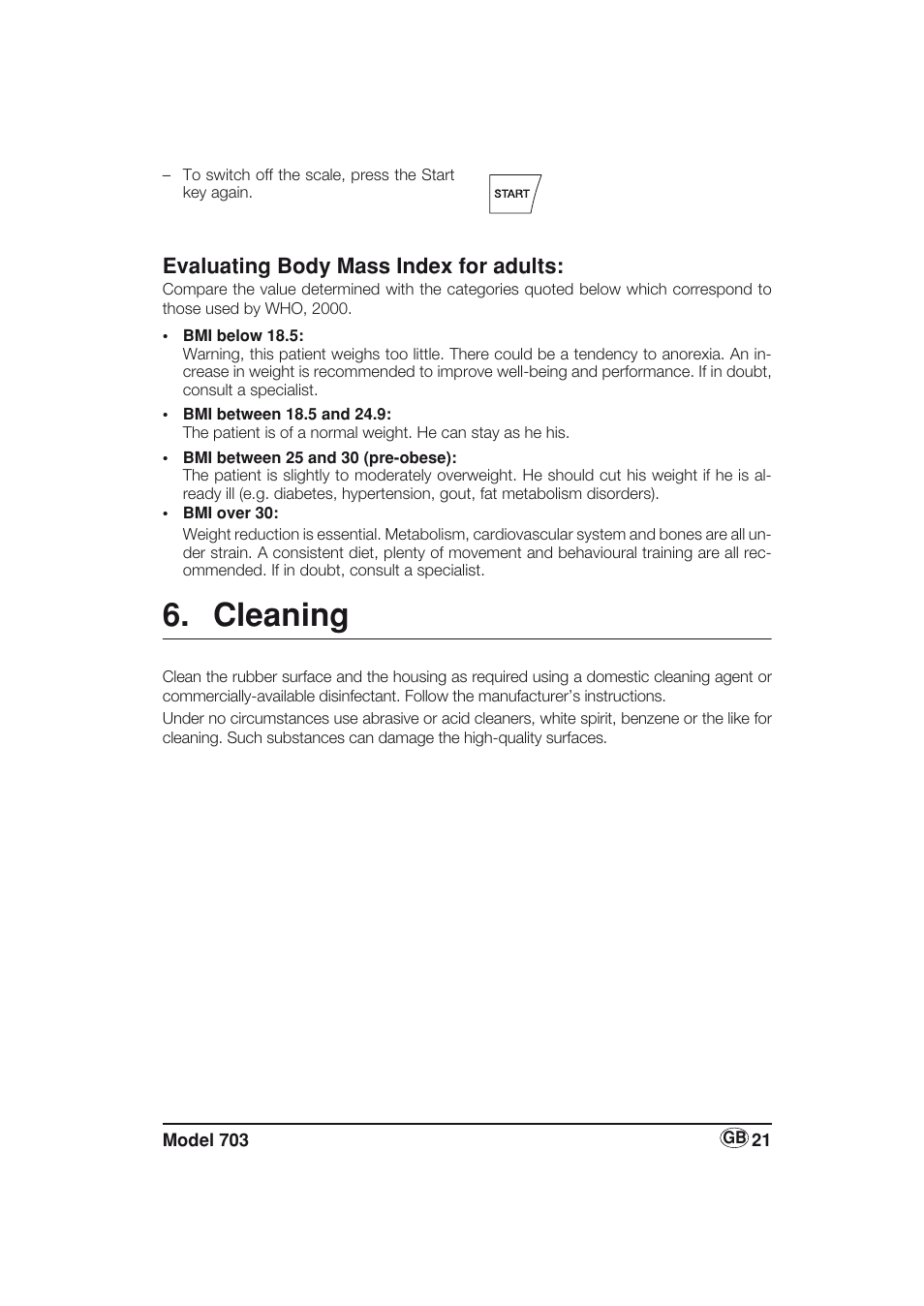 Evaluating body mass index for adults, Cleaning | Seca 703 User Manual | Page 21 / 77