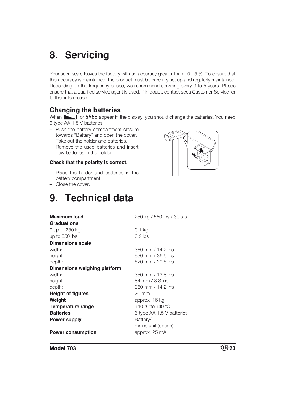 Servicing, Changing the batteries, Technical data | Seca 703 User Manual | Page 23 / 77
