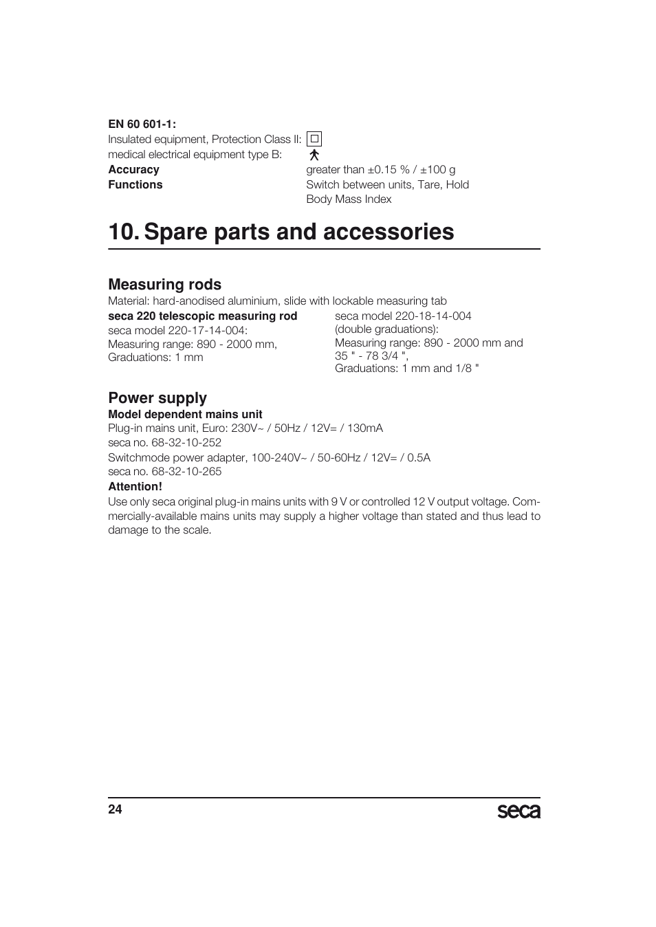 Spare parts and accessories, Measuring rods, Power supply | Seca 703 User Manual | Page 24 / 77