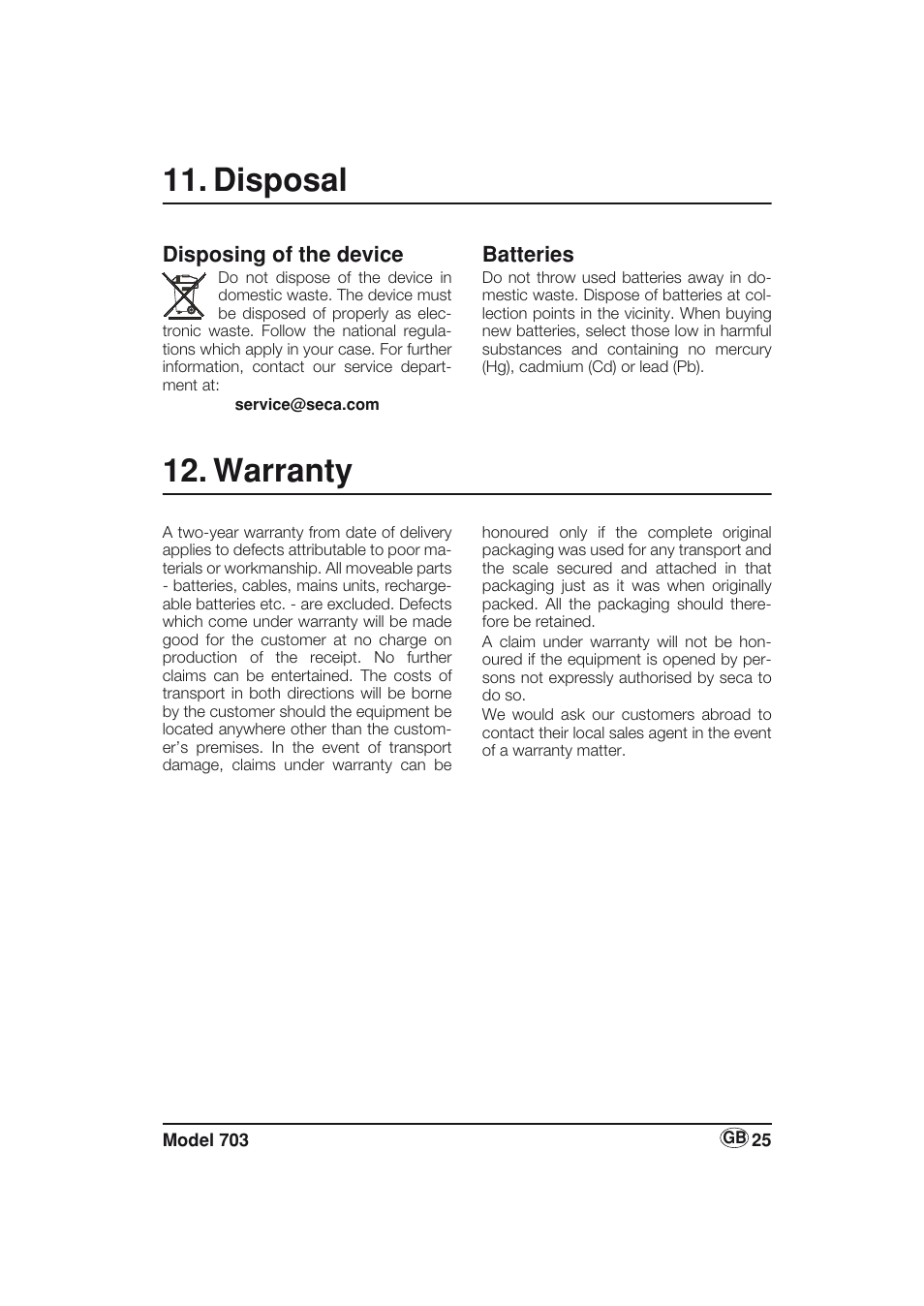 Disposal, Batteries, Warranty | Disposing of the device | Seca 703 User Manual | Page 25 / 77
