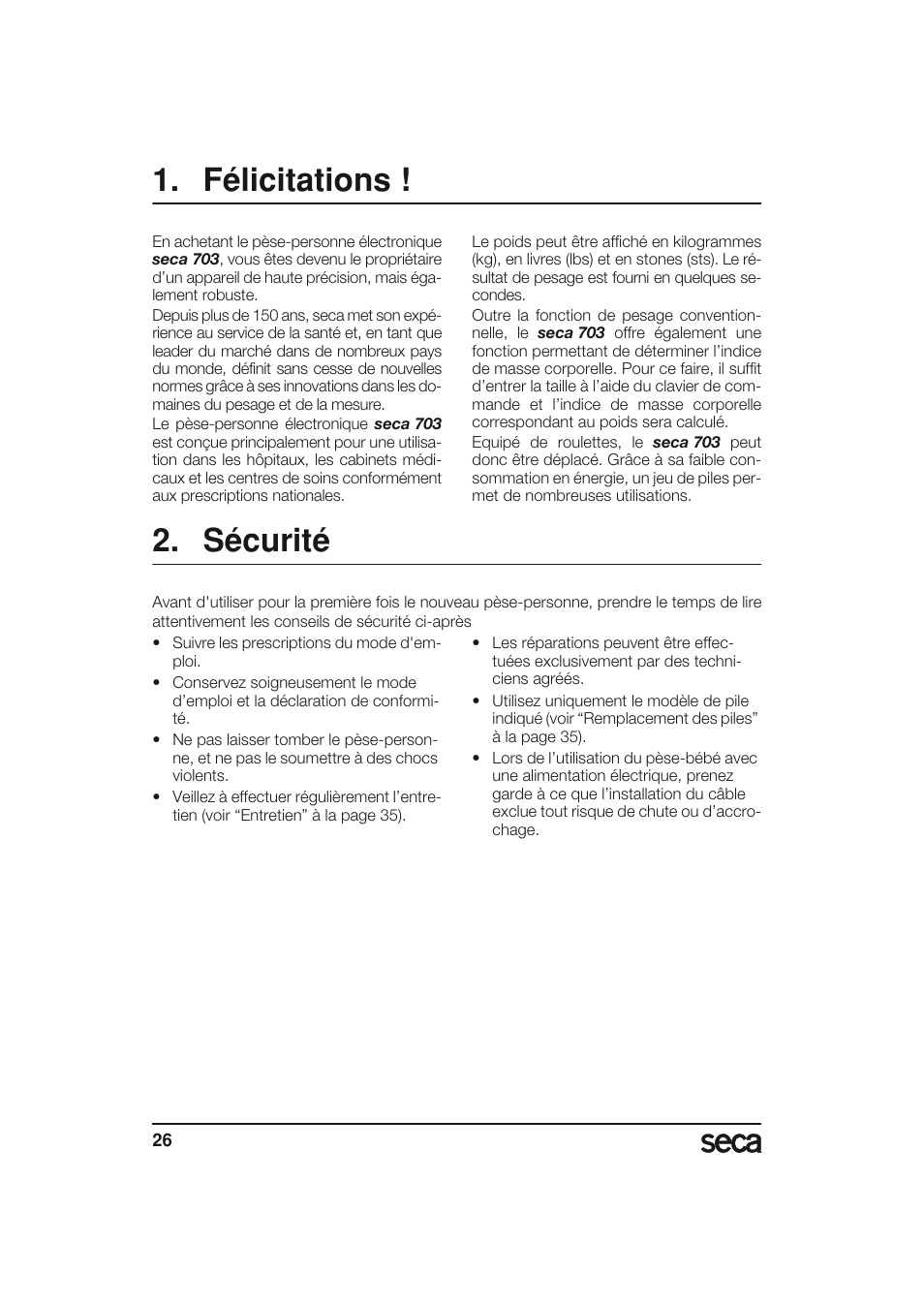 Français, Félicitations, Sécurité | Seca 703 User Manual | Page 26 / 77