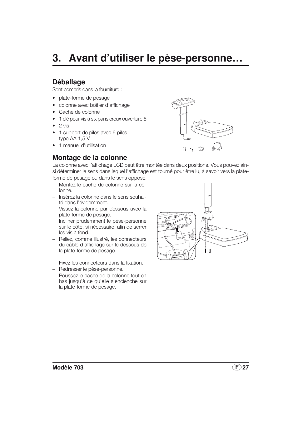 Avant d’utiliser le pèse-personne, Déballage, Montage de la colonne | Seca 703 User Manual | Page 27 / 77