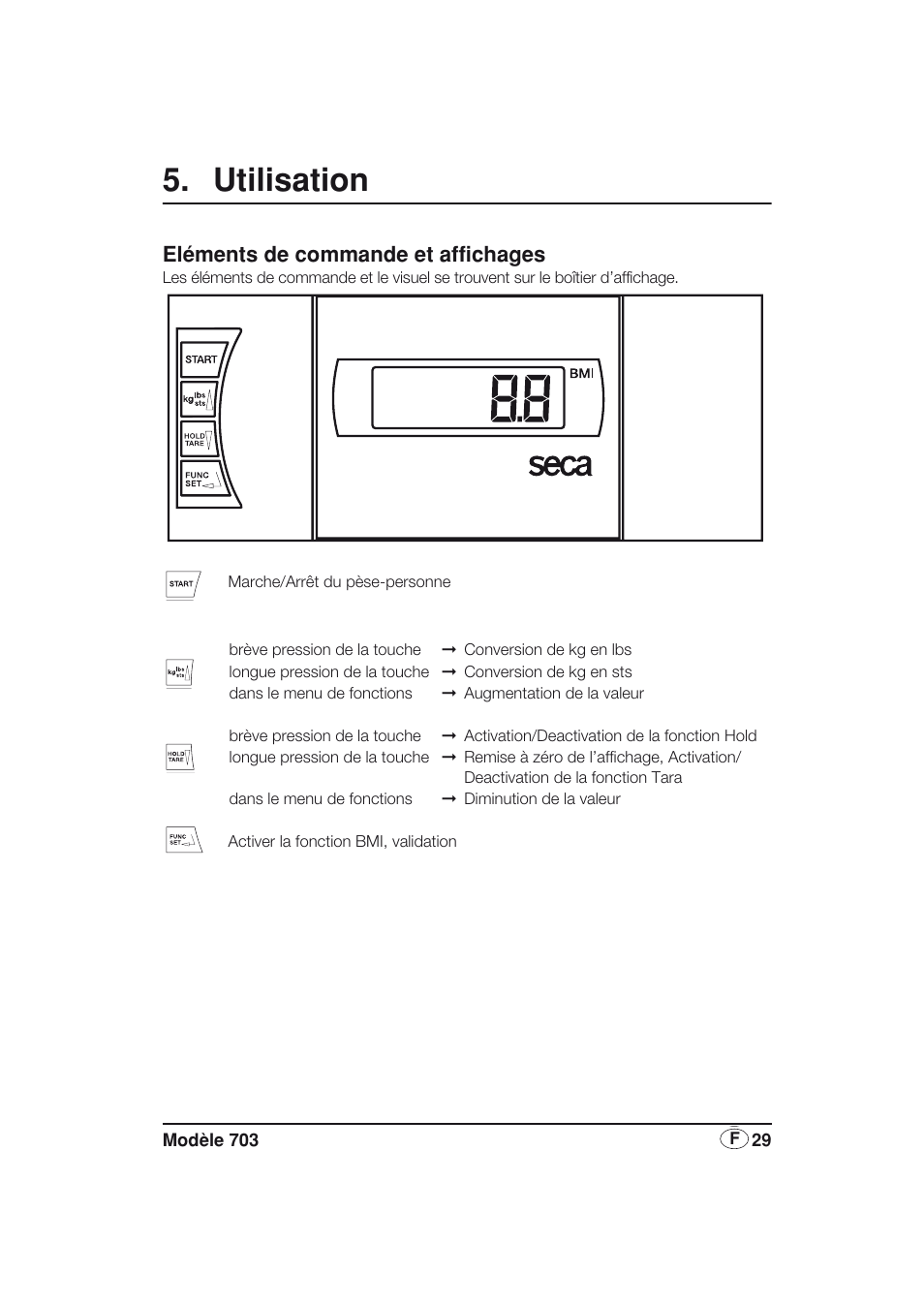 Utilisation, Eléments de commande et affichages | Seca 703 User Manual | Page 29 / 77