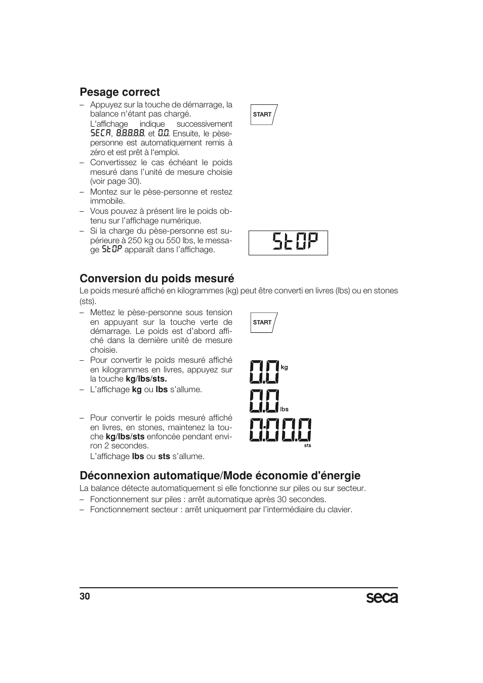 Pesage correct, Conversion du poids mesuré, Déconnexion automatique/mode économie d'énergie | Seca 703 User Manual | Page 30 / 77