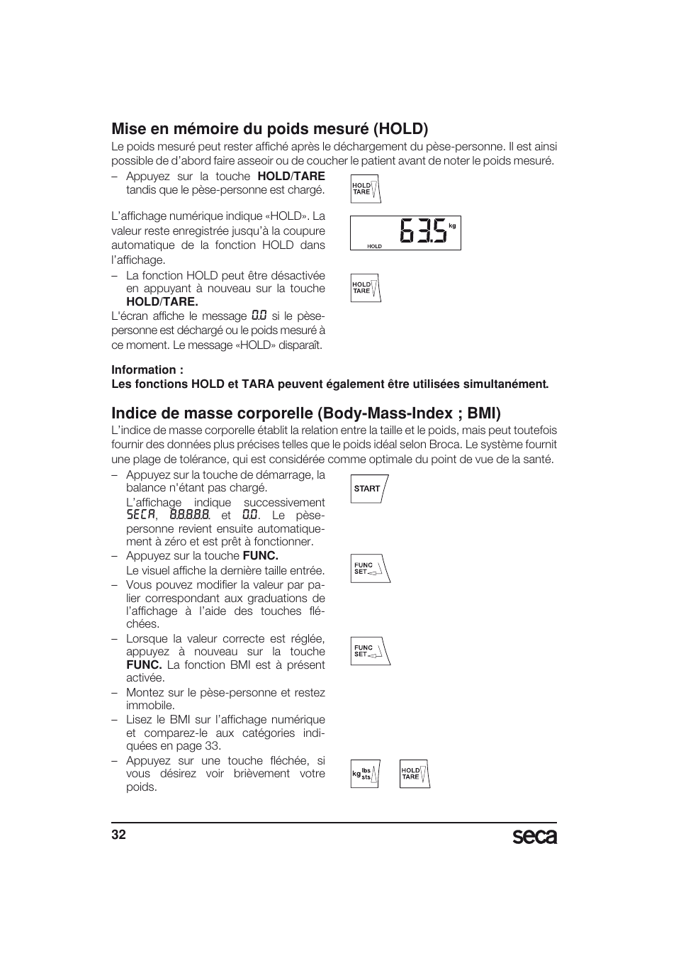 Mise en mémoire du poids mesuré (hold), Indice de masse corporelle (body-mass-index ; bmi) | Seca 703 User Manual | Page 32 / 77