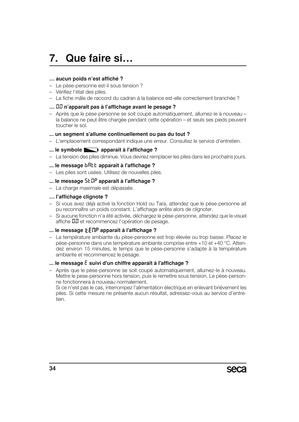 Que faire si | Seca 703 User Manual | Page 34 / 77