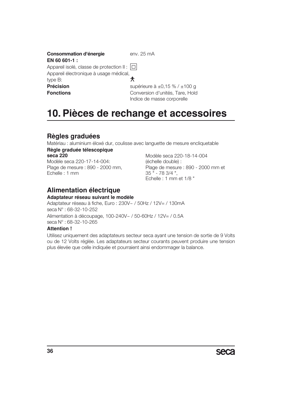 Pièces de rechange et accessoires, Règles graduées, Alimentation électrique | Seca 703 User Manual | Page 36 / 77