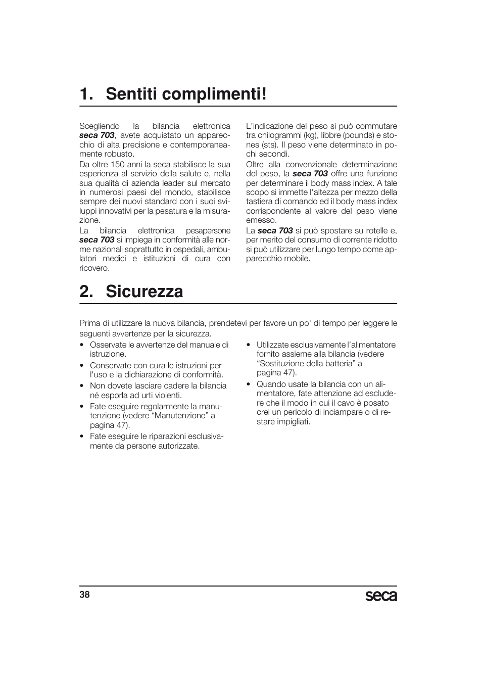 Italiano, Sentiti complimenti, Sicurezza | Seca 703 User Manual | Page 38 / 77