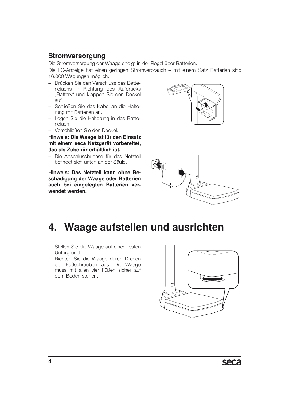 Stromversorgung, Waage aufstellen und ausrichten | Seca 703 User Manual | Page 4 / 77