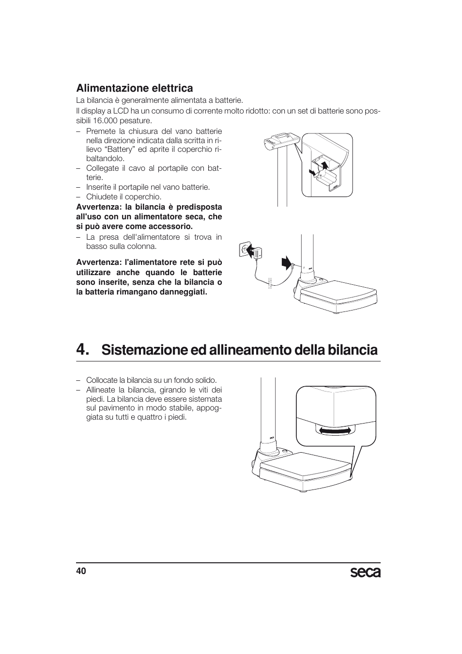 Sistemazione ed allineamento della bilancia, Alimentazione elettrica | Seca 703 User Manual | Page 40 / 77