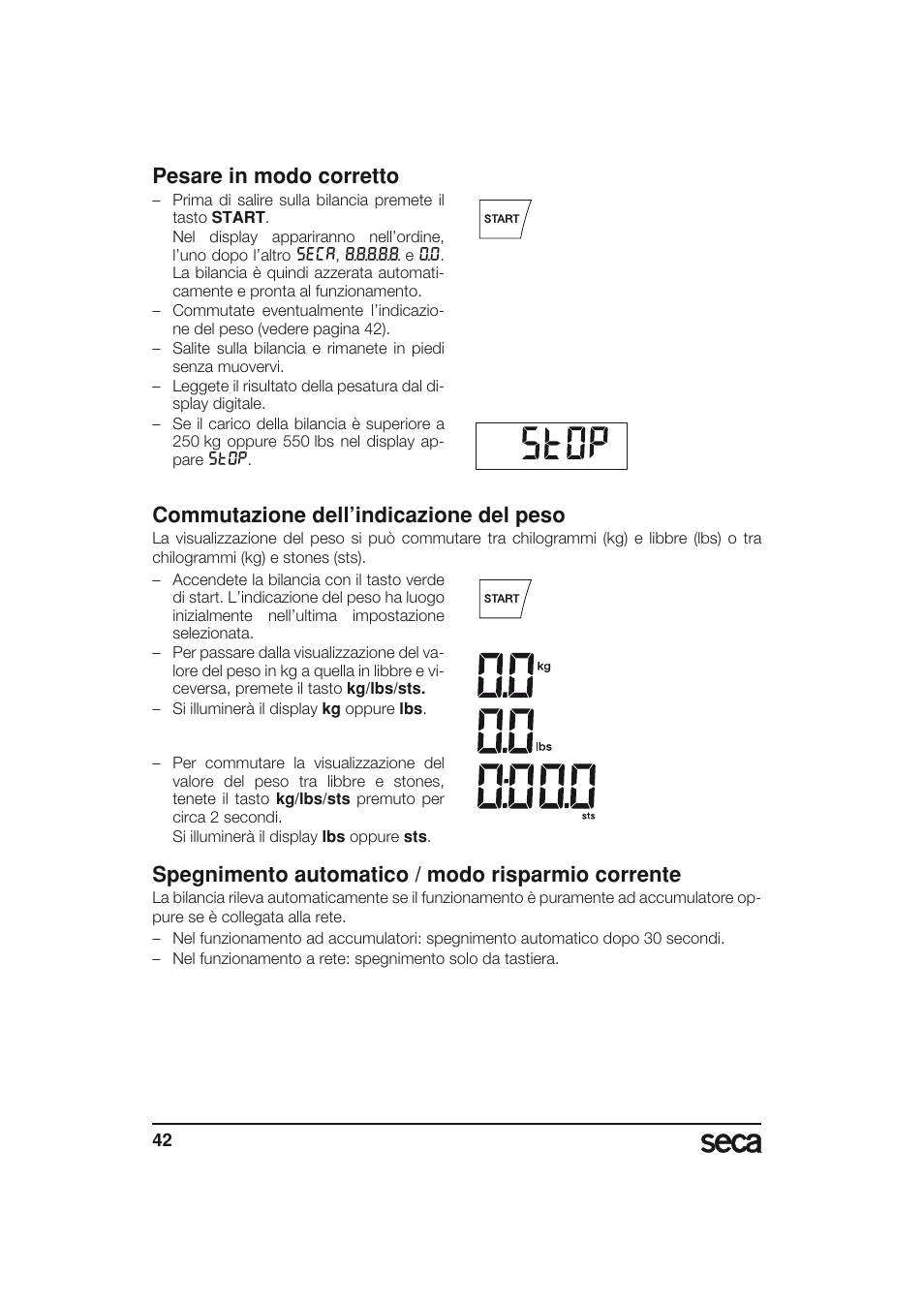 Pesare in modo corretto, Commutazione dell’indicazione del peso, Spegnimento automatico / modo risparmio corrente | Seca 703 User Manual | Page 42 / 77