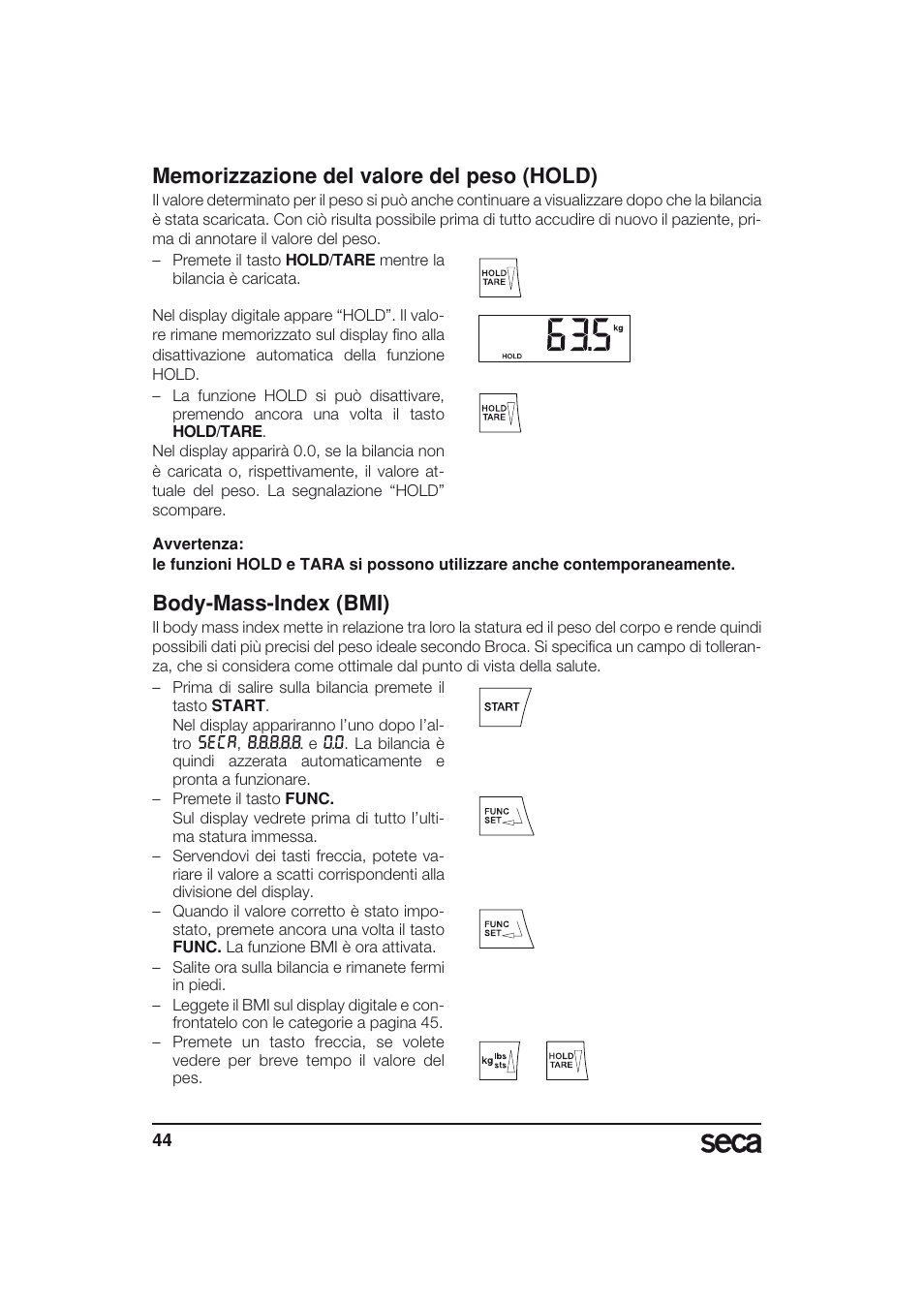 Memorizzazione del valore del peso (hold), Body-mass-index (bmi) | Seca 703 User Manual | Page 44 / 77