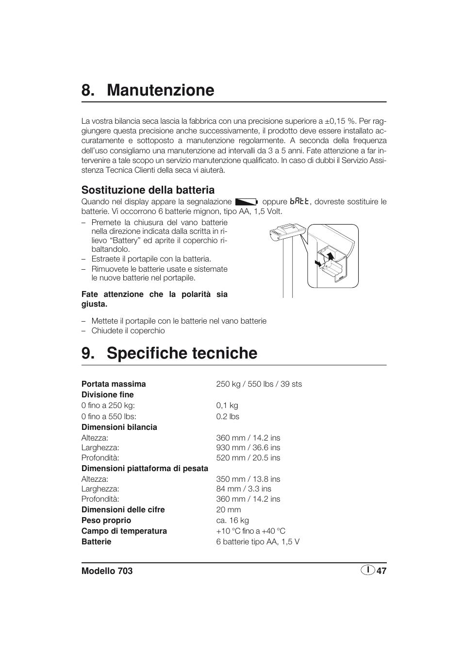 Manutenzione, Sostituzione della batteria, Specifiche tecniche | Seca 703 User Manual | Page 47 / 77