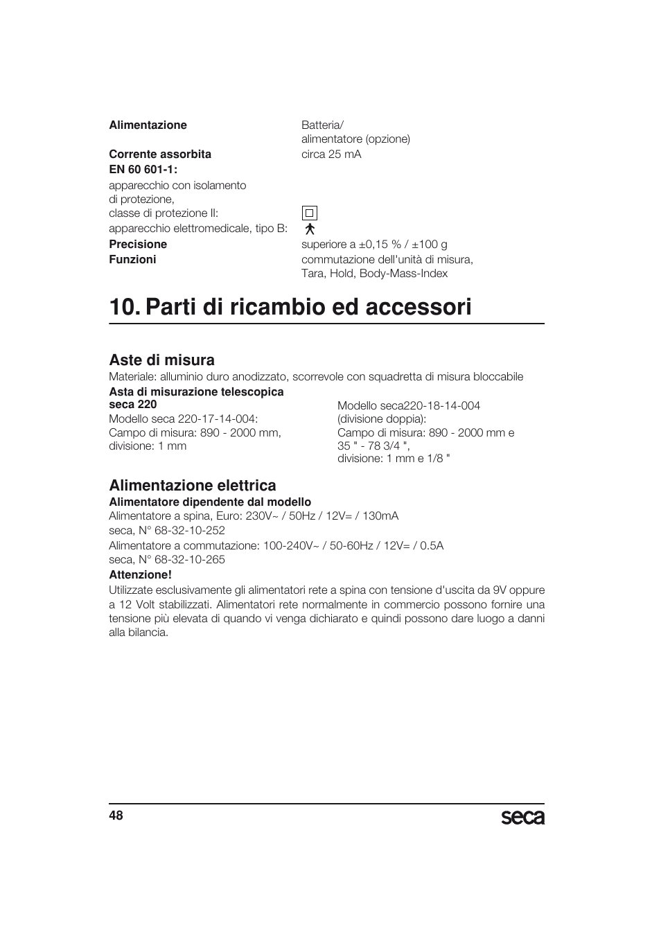 Parti di ricambio ed accessori, Aste di misura, Alimentazione elettrica | Seca 703 User Manual | Page 48 / 77