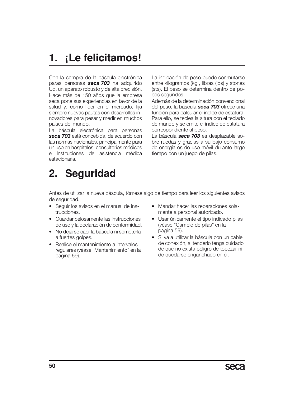Español, ¡le felicitamos, Seguridad | Seca 703 User Manual | Page 50 / 77