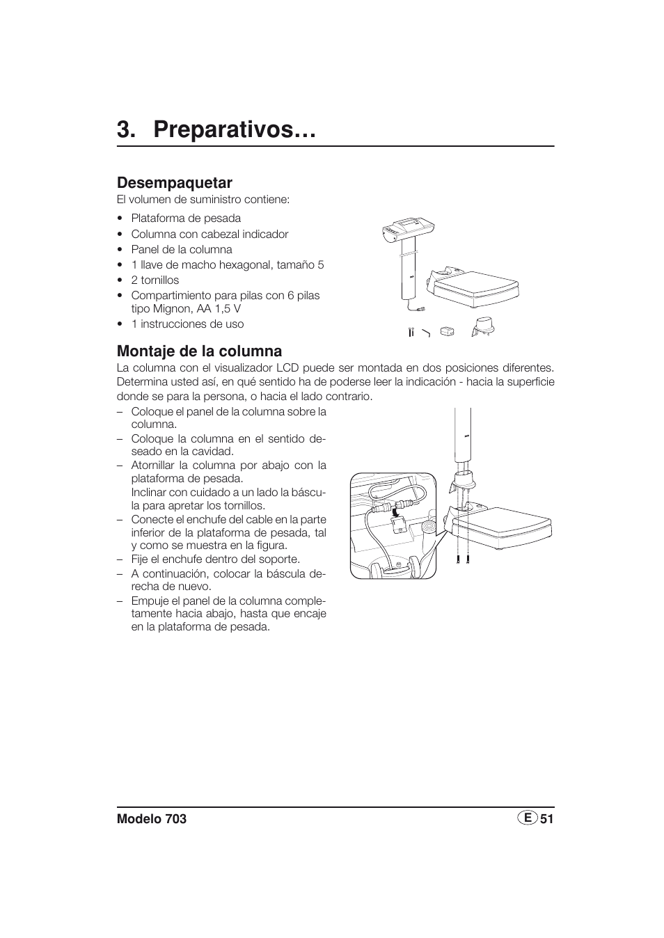 Preparativos, Desempaquetar, Montaje de la columna | Seca 703 User Manual | Page 51 / 77