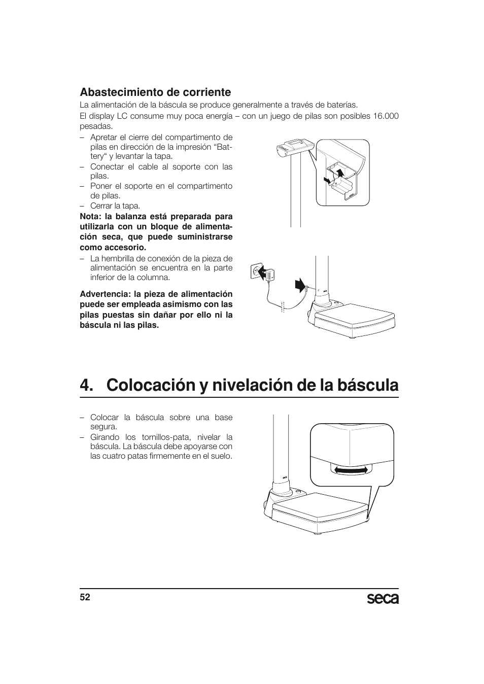 Colocación y nivelación de la báscula, Abastecimiento de corriente | Seca 703 User Manual | Page 52 / 77