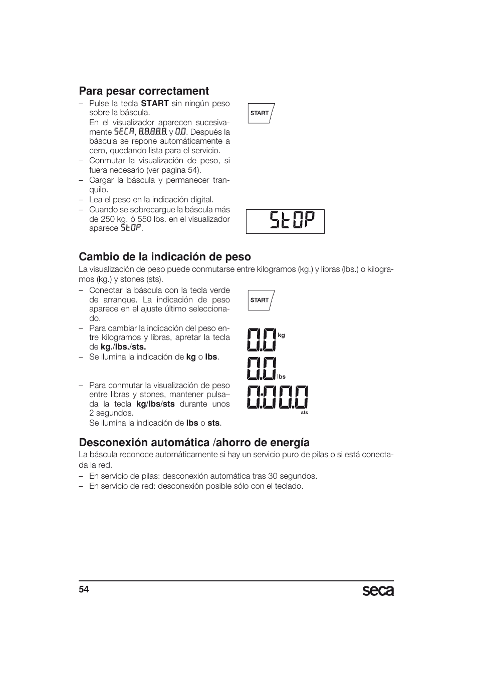 Para pesar correctament, Cambio de la indicación de peso, Desconexión automática /ahorro de energía | Seca 703 User Manual | Page 54 / 77