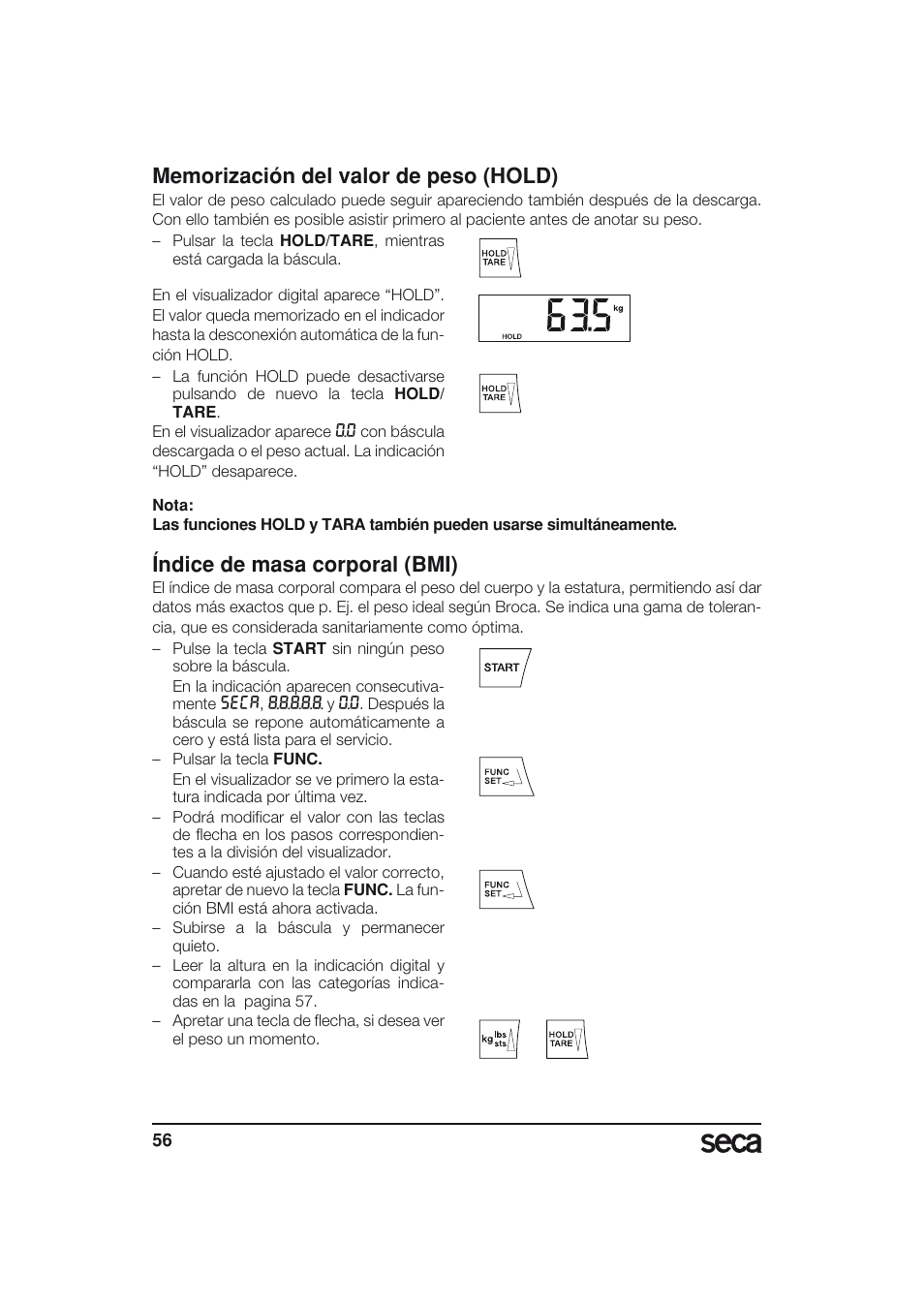 Memorización del valor de peso (hold), Índice de masa corporal (bmi) | Seca 703 User Manual | Page 56 / 77