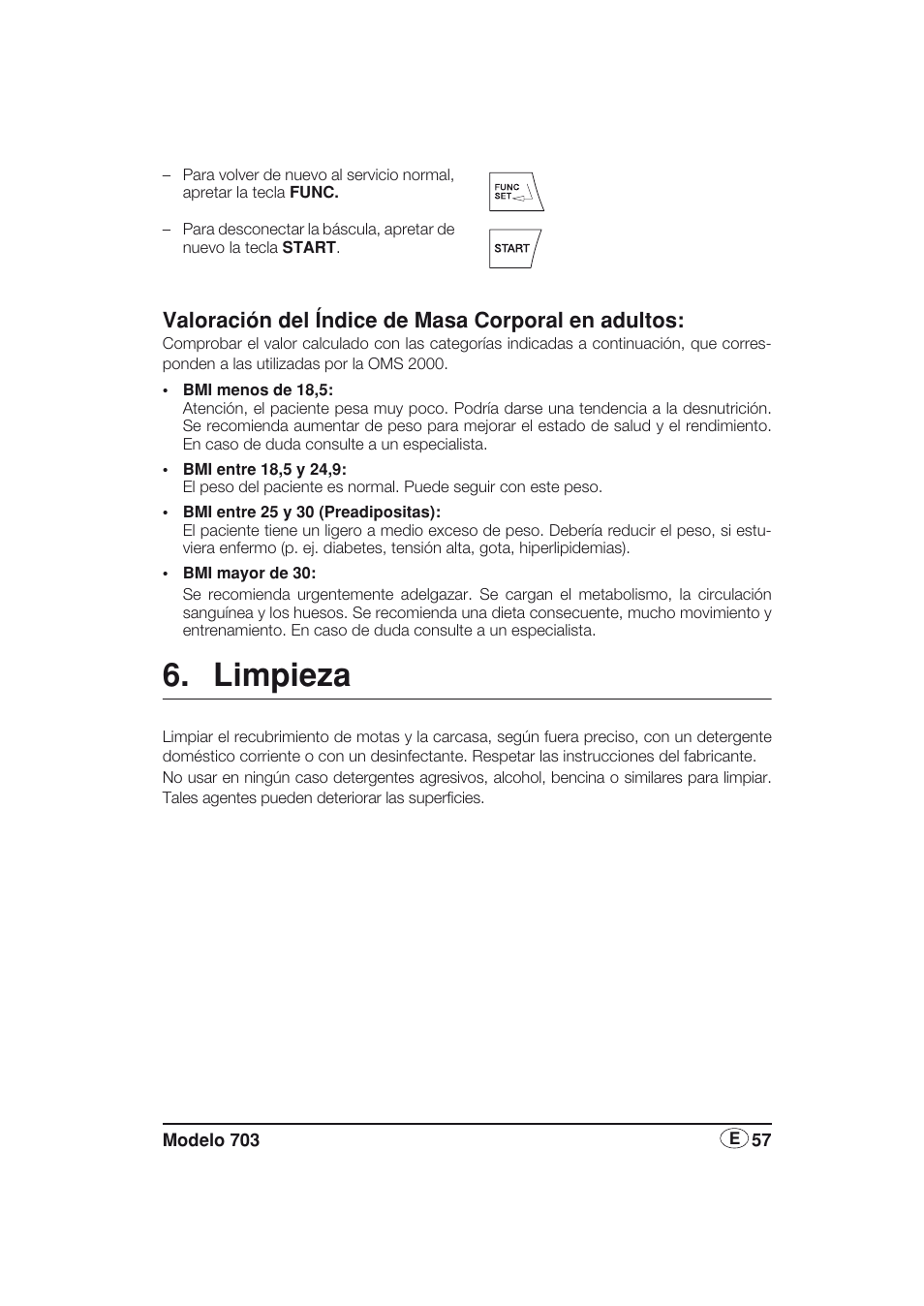 Valoración del índice de masa corporal en adultos, Limpieza | Seca 703 User Manual | Page 57 / 77