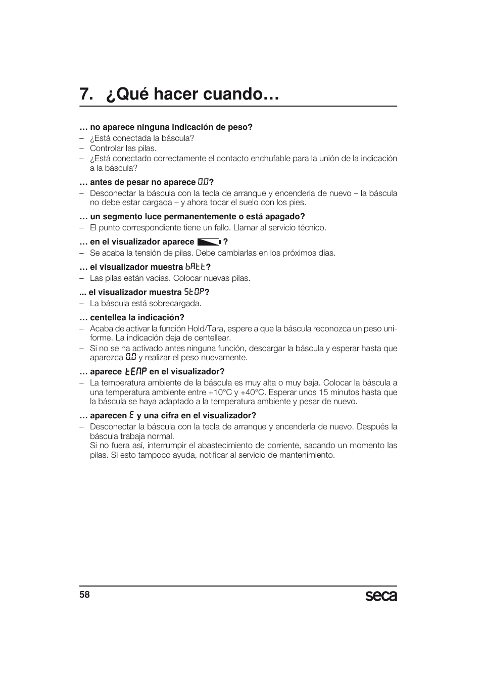 ¿qué hacer cuando | Seca 703 User Manual | Page 58 / 77