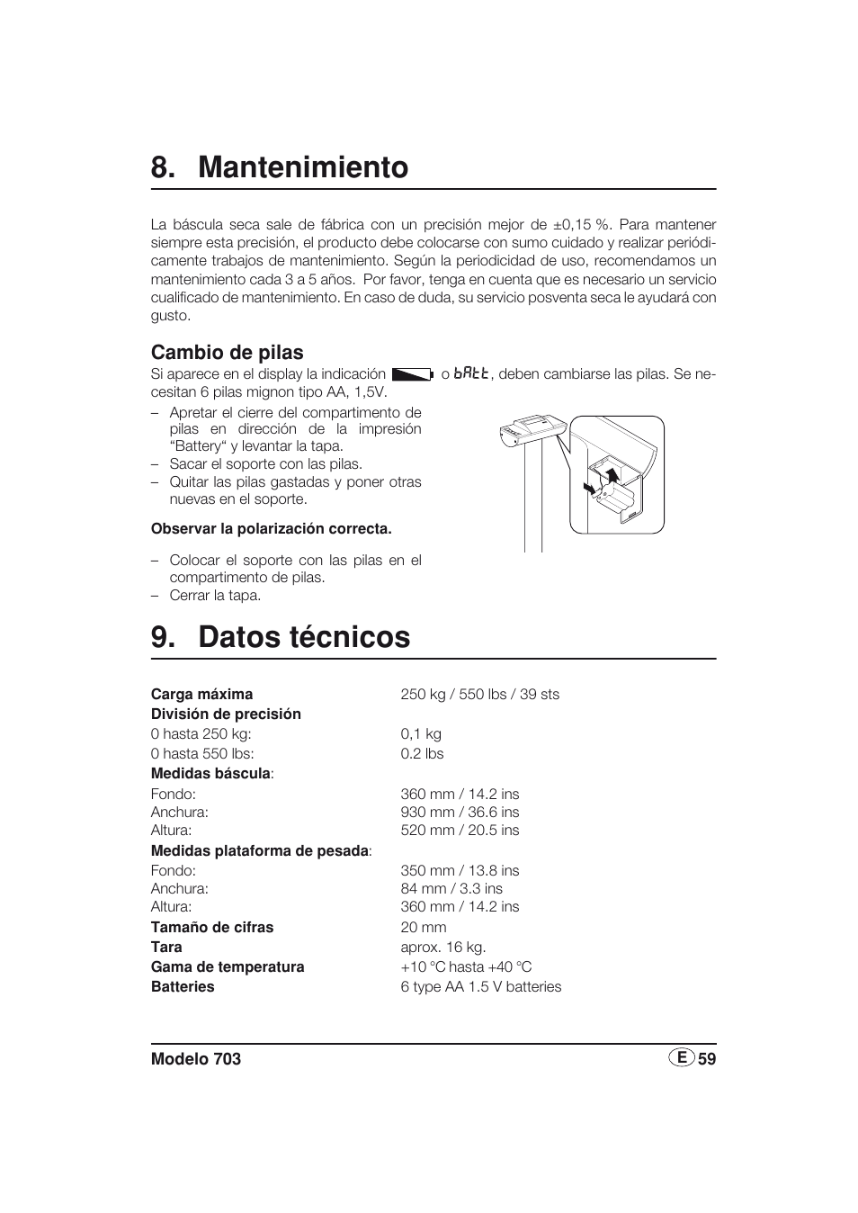 Mantenimiento, Cambio de pilas, Datos técnicos | Seca 703 User Manual | Page 59 / 77