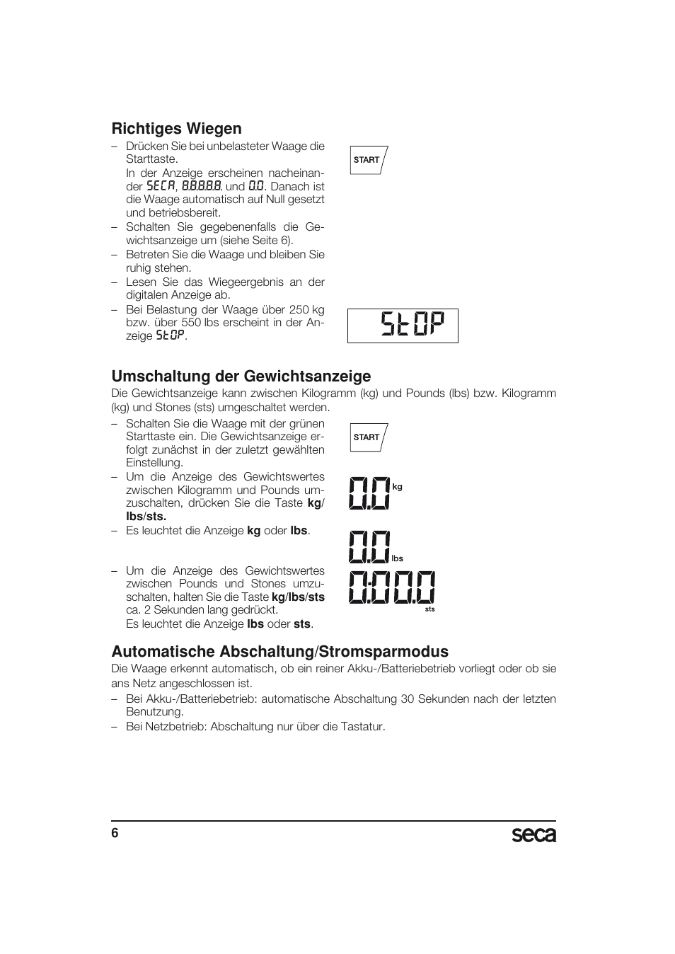 Richtiges wiegen, Umschaltung der gewichtsanzeige, Automatische abschaltung/stromsparmodus | Seca 703 User Manual | Page 6 / 77