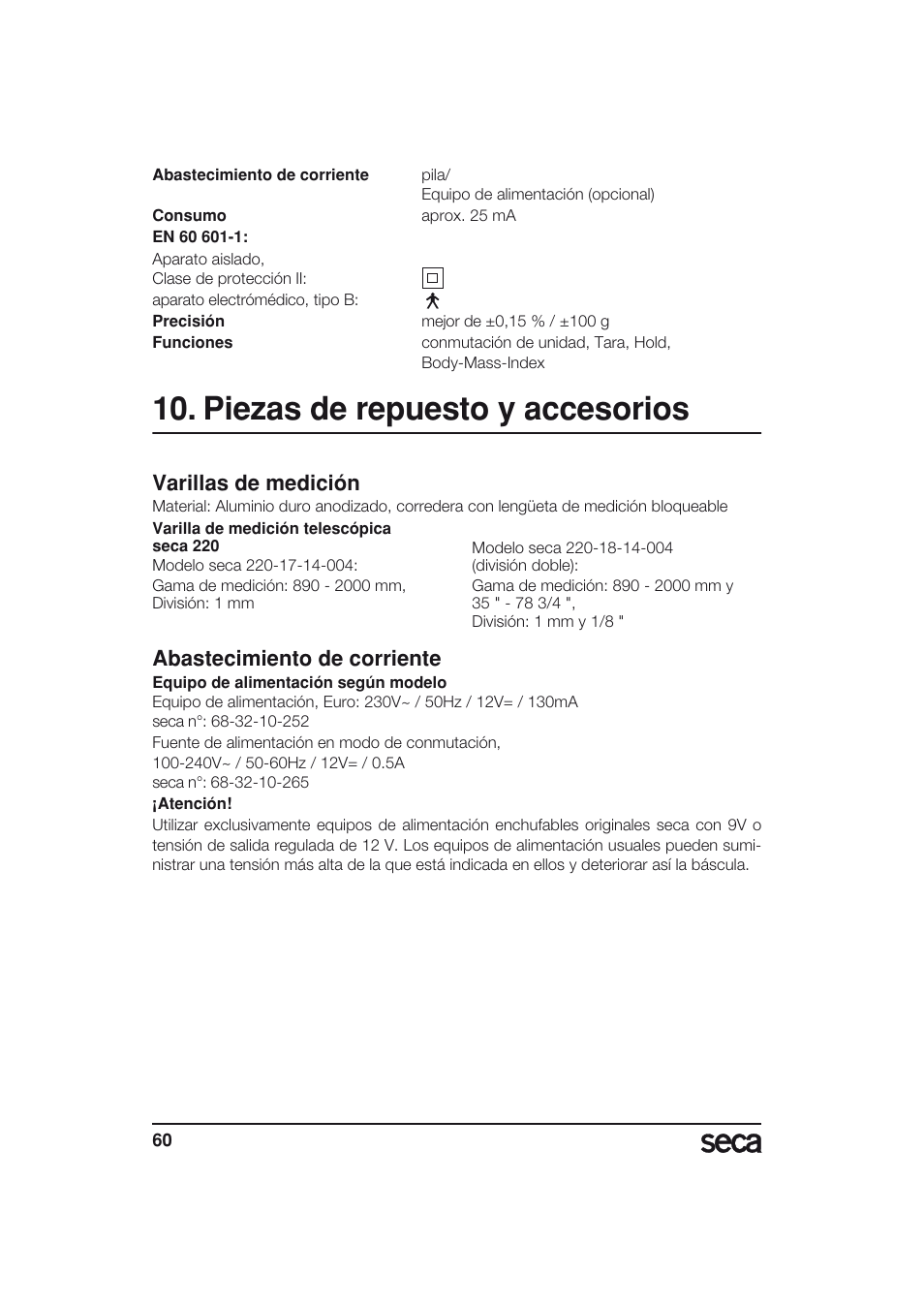 Piezas de repuesto y accesorios, Varillas de medición, Abastecimiento de corriente | Seca 703 User Manual | Page 60 / 77