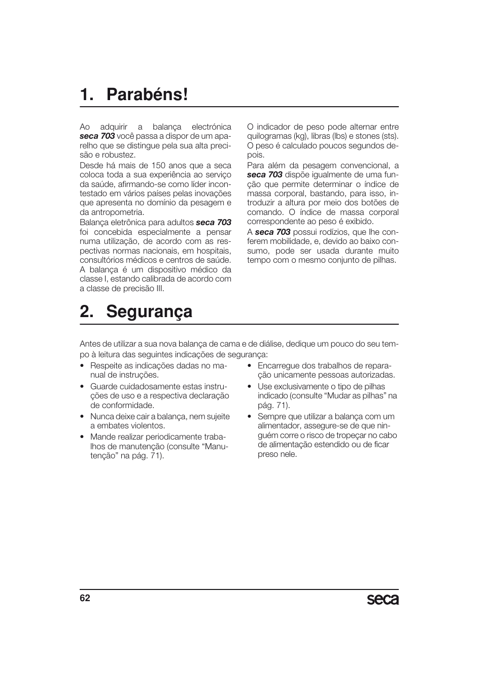 Português, Parabéns, Segurança | Seca 703 User Manual | Page 62 / 77