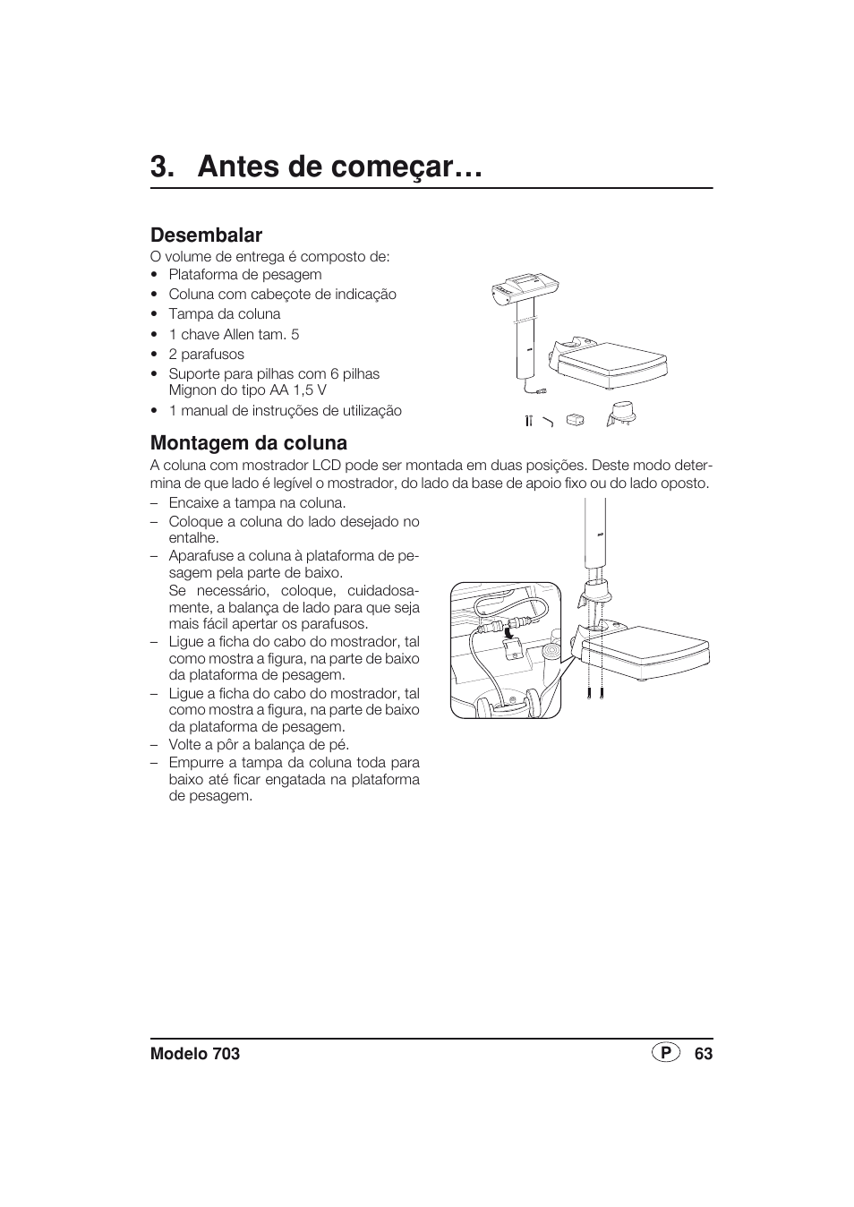 Antes de começar, Desembalar, Montagem da coluna | Seca 703 User Manual | Page 63 / 77