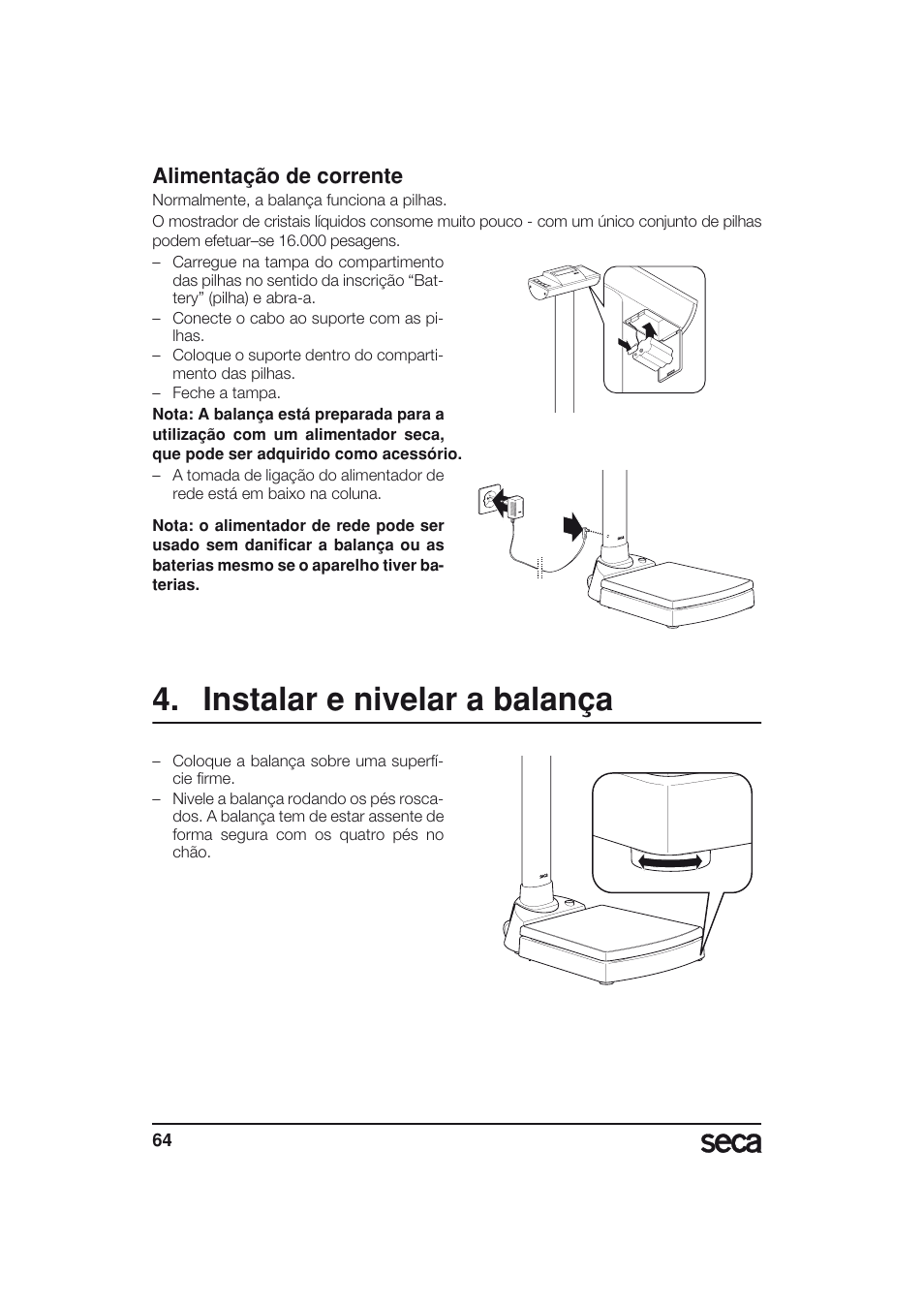Alimentação de corrente, Instalar e nivelar a balança | Seca 703 User Manual | Page 64 / 77