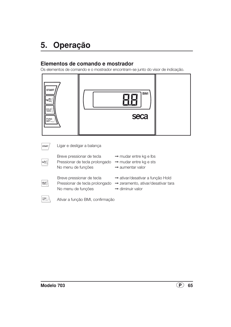Operação, Elementos de comando e mostrador | Seca 703 User Manual | Page 65 / 77