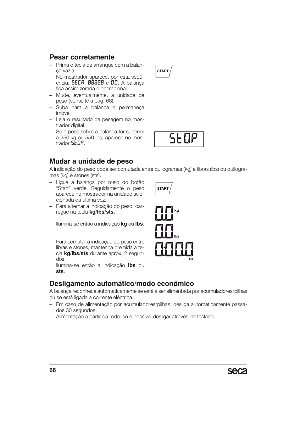 Pesar corretamente, Mudar a unidade de peso, Desligamento automático/modo econômico | Seca 703 User Manual | Page 66 / 77