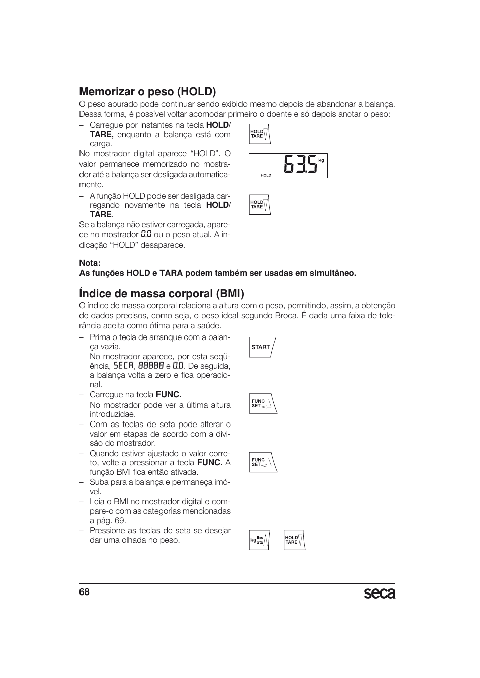 Memorizar o peso (hold), Índice de massa corporal (bmi) | Seca 703 User Manual | Page 68 / 77