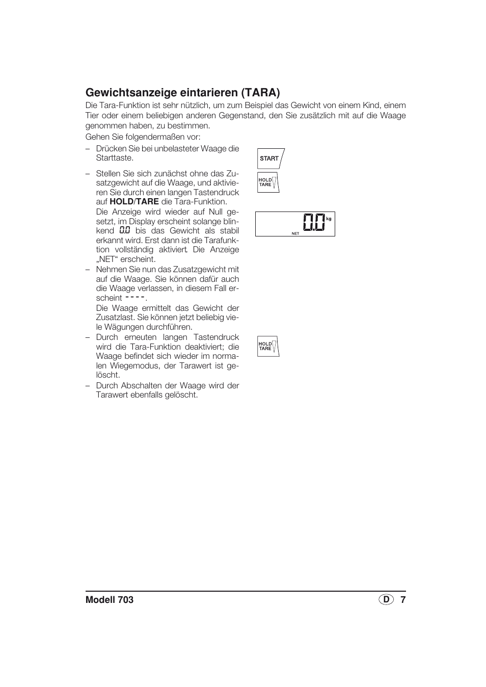 Gewichtsanzeige eintarieren (tara) | Seca 703 User Manual | Page 7 / 77