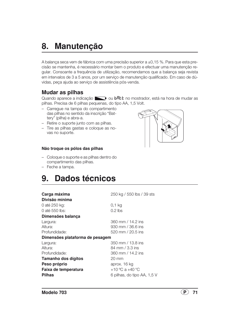 Manutenção, Mudar as pilhas, Dados técnicos | Seca 703 User Manual | Page 71 / 77