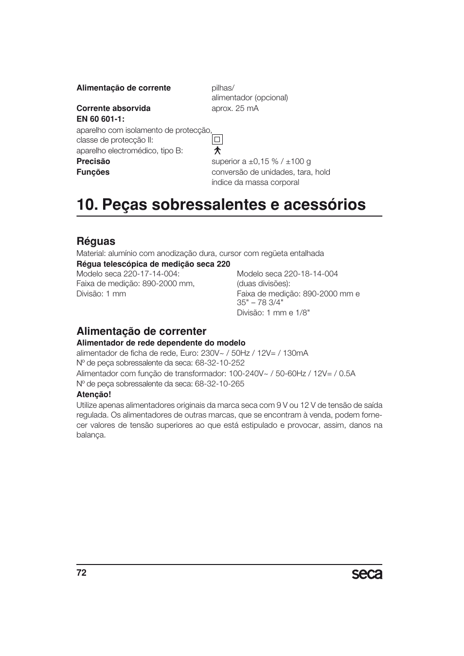 Peças sobressalentes e acessórios, Réguas, Alimentação de correnter | Seca 703 User Manual | Page 72 / 77