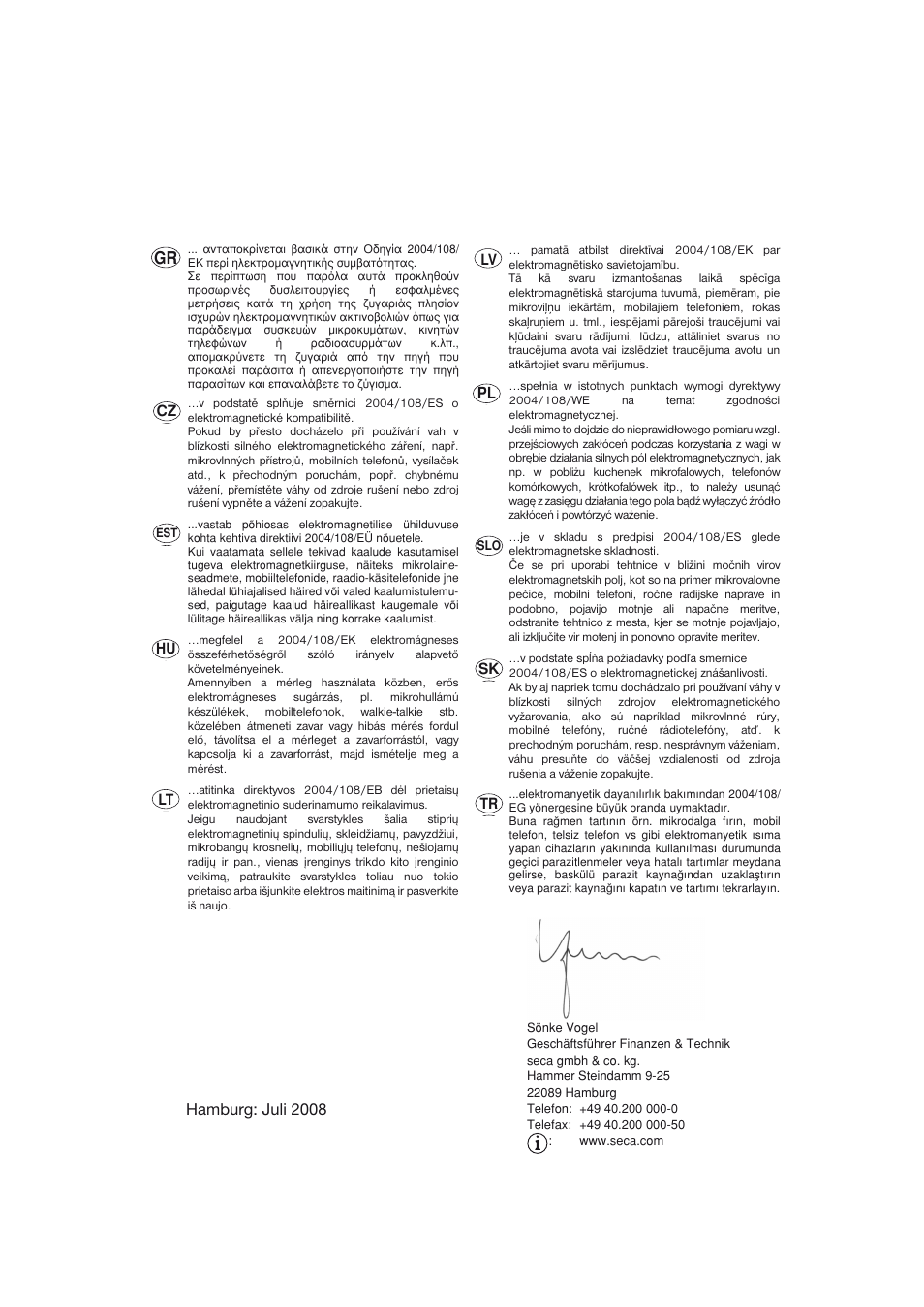Hamburg: juli 2008 | Seca 703 User Manual | Page 77 / 77