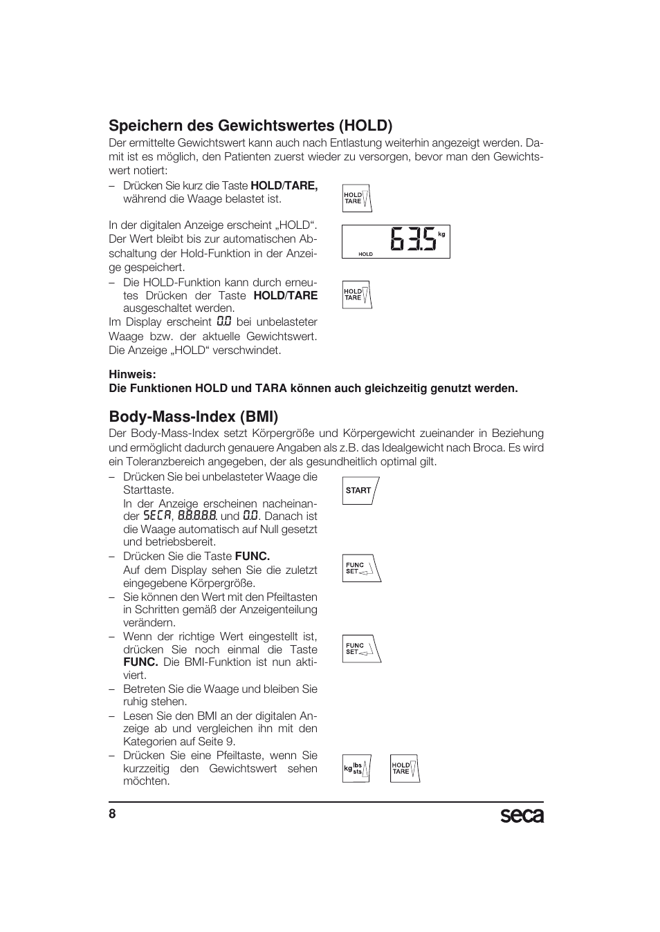 Speichern des gewichtswertes (hold), Body-mass-index (bmi) | Seca 703 User Manual | Page 8 / 77