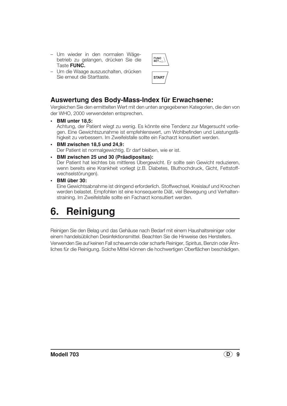 Auswertung des body-mass-index für erwachsene, Reinigung | Seca 703 User Manual | Page 9 / 77