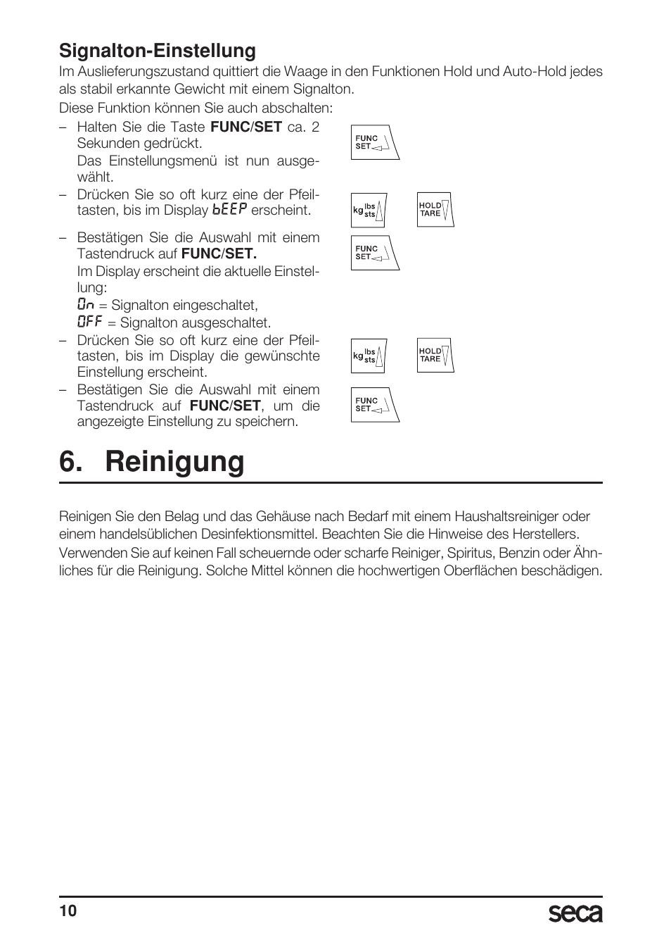 Signalton-einstellung, Reinigung | Seca 703 User Manual | Page 10 / 102