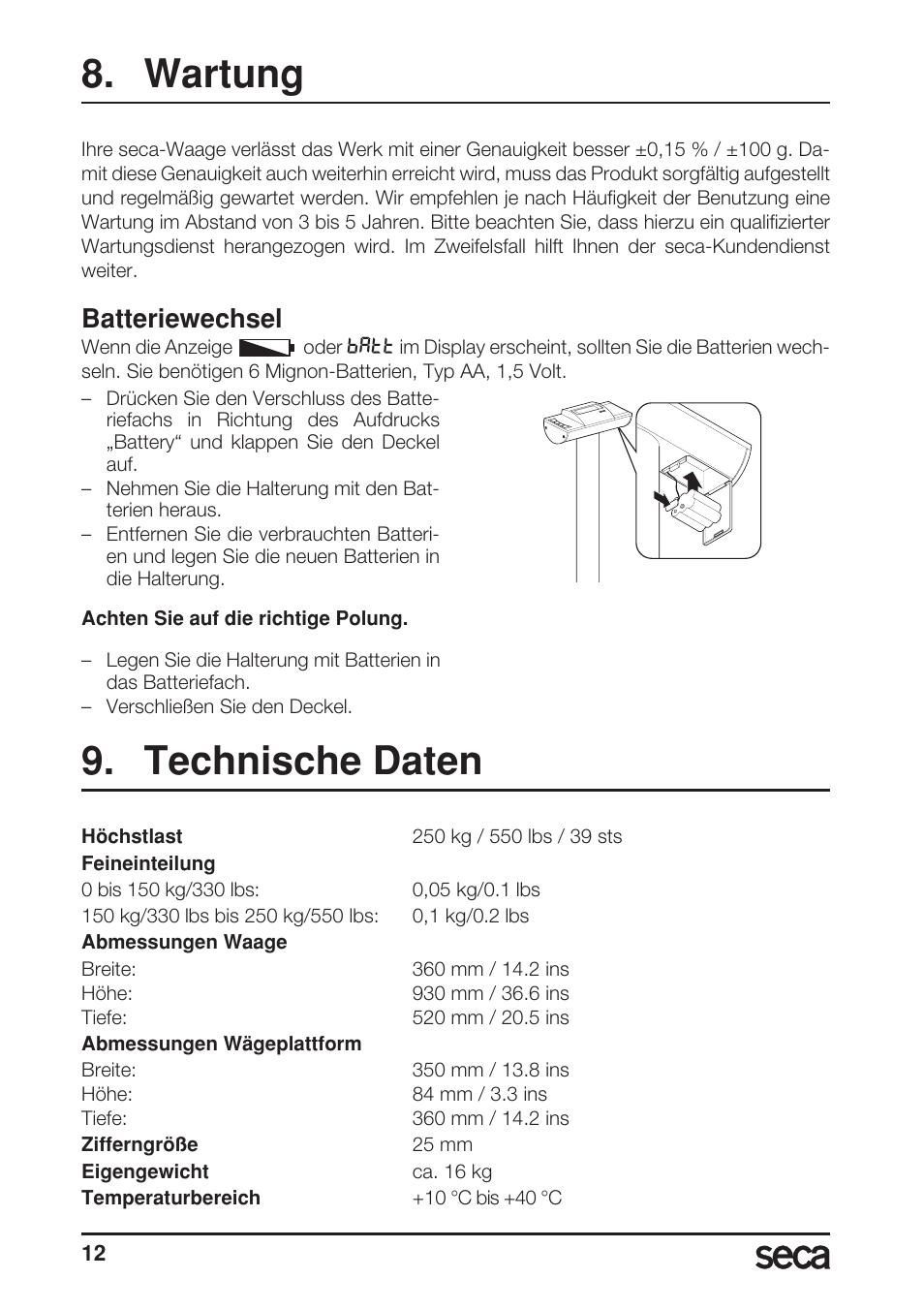 Wartung, Batteriewechsel, Technische daten | Siehe, Seite, Batterie, Wechsel, Auf seite | Seca 703 User Manual | Page 12 / 102