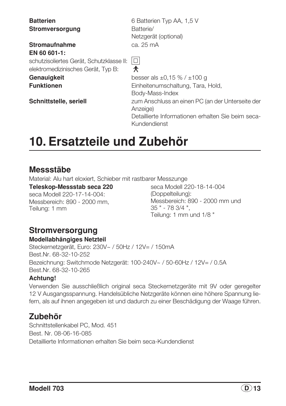 Ersatzteile und zubehör, Messstäbe, Stromversorgung | Zubehör | Seca 703 User Manual | Page 13 / 102