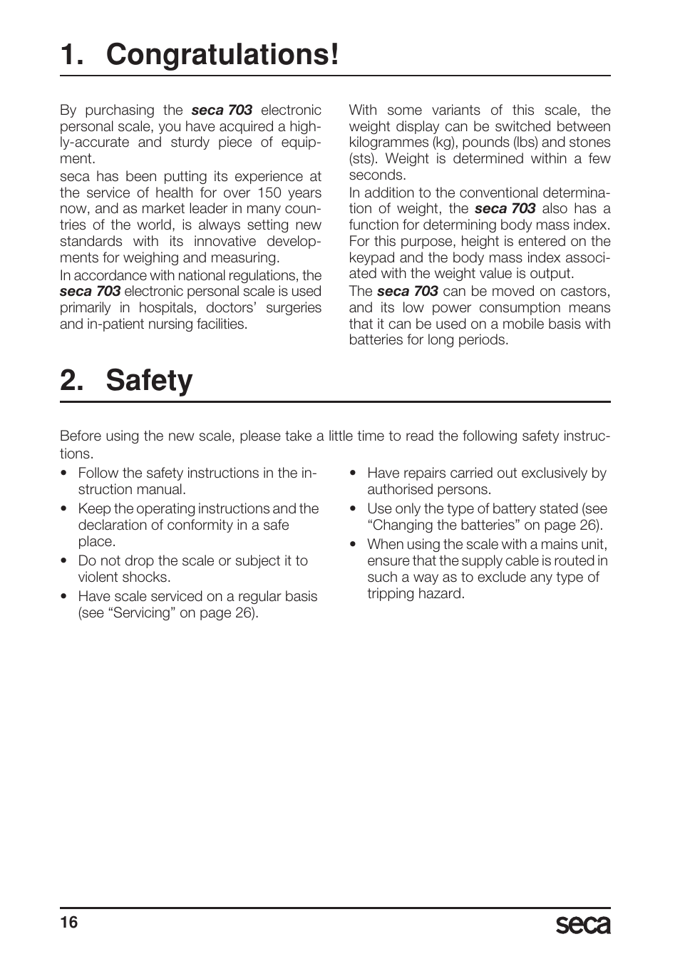 English, Congratulations, Safety | Seca 703 User Manual | Page 16 / 102